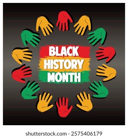 Image symbolizing Black History Month with colorful handprints arranged around impactful text, emphasizing unity, celebration, and African heritage. Flat vector modern illustration 