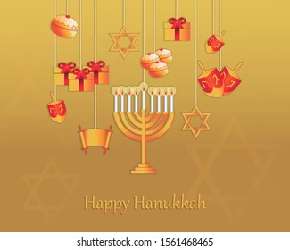 Image of the symbols of the hanukkah festival. Congratulations from the Jewish festival. Editable vector.