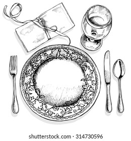 Image of a table setting with plate, fork, spoon, knife, wine glass and napkin. Vector black and white illustration.