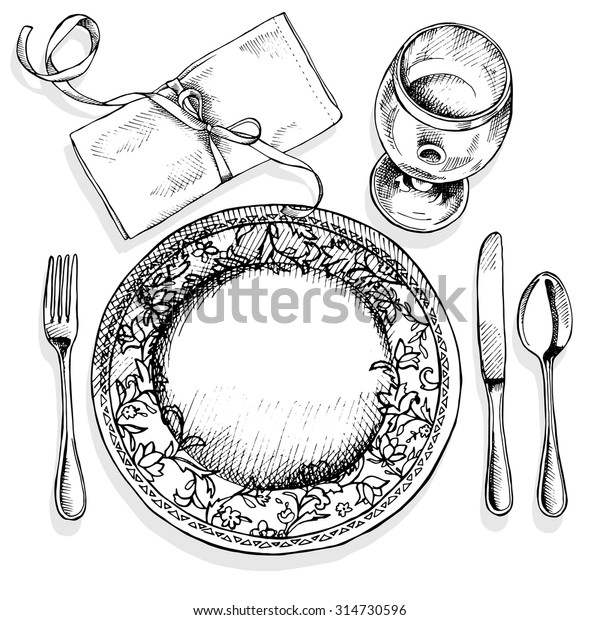 皿 フォーク スプーン ナイフ ワイングラス ナプキンを使ったテーブルのセットの画像 白黒のベクター画像イラスト のベクター画像素材 ロイヤリティ フリー