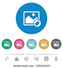 Image tagging flat white icons on round color backgrounds. 6 bonus icons included.