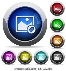 Image tagging icons in round glossy buttons with steel frames