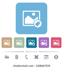 Image tagging white flat icons on color rounded square backgrounds. 6 bonus icons included