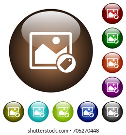 Image tagging white icons on round color glass buttons