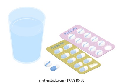 Image of taking medicine, taking medicine out of the sheet and drinking with water, isometric