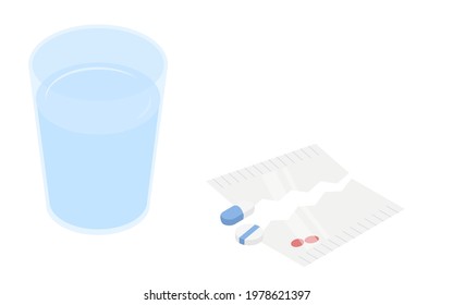 Image of taking medicine, taking packaged medicine with water, isometric
