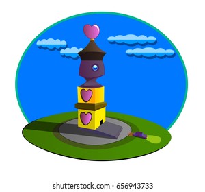 An image of a tall tower with a spire in the form of a heart. The building also has hearts as part of the design. In front of the entrance there is a car. Behind the tower is the sky with clouds.