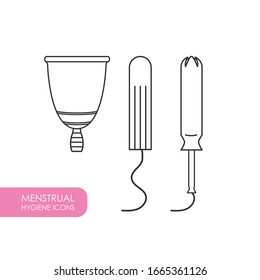 Imagen de un tampón, aplicador y una taza menstrual. Icono de línea y color. Icono esquemático.