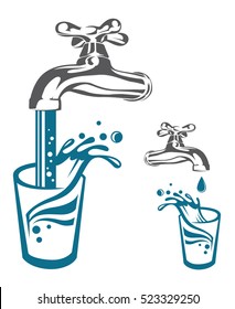 Image of tap with drop, falling water and glass. Vector illustration
