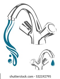 Image of tap with drop and falling water. Vector illustration