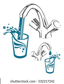 Image of tap with drop, falling water and glass. Vector illustration