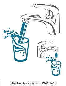 Image of tap with drop, falling water and glass. Vector illustration