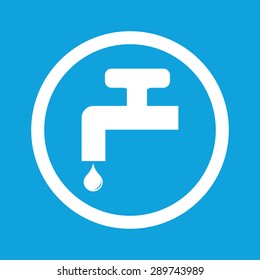 Image of tap with water drop in circle, isolated on blue