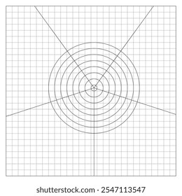 Image of target made of circles divided into equal sections from central point on notebook sheet of checkered paper. School paper sheet lined in a cage with mathematical drawing of target circles