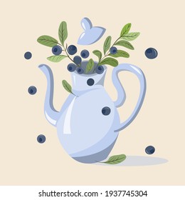 image of a teapot filled with blueberry leaves and berries. A useful drink made from natural berries and herbs. Eco goods store 