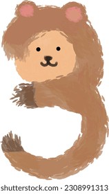 the image of a teddy bear on the number three (3). The cute brown bear, hand drawing cartoon
