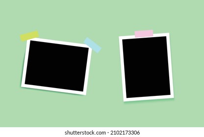 Image template for memories. Traditional photo frames with sticky tape and soft shadow behind. Design element for website and digital screens.