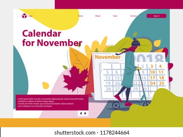 image template on the website, calendar for November 2018, girl in warm clothes riding a scooter, autumn leaves