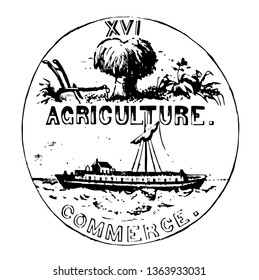 Image of Tennessee seal showing a plow, bundle of wheat, cotton plant and the word Agriculture written below vintage line drawing.