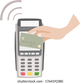 image of a terminal for payment by credit card and a bank card with contactless payment via wi-fi in the hand of the person who made the purchase.stock isolated illustration on white background 