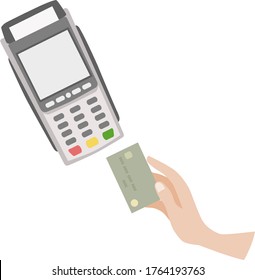 image of the terminal for payment by credit card and a bank card in the hand of the person who made the purchase/stock isolated illustration on white background for printing on postcards, websites,