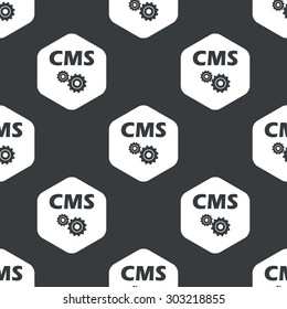 Image of text CMS with gears in hexagon, repeated on black