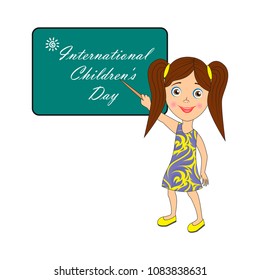 Image with text. Congratulatory inscription: International Children's Day.  Pictures for banner design, signage, greeting card. Vector illustration, EPS10.