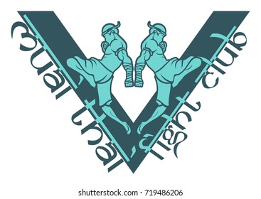 The image of the Thai boxers beating with a knee in a jump in a triangle. Vector illustration.