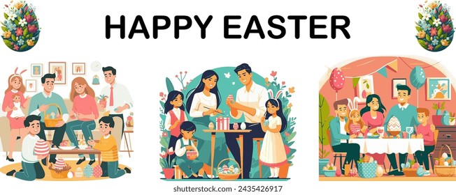 An image that illustrates a family engaging in Easter traditions, such as an Easter egg hunt or a festive meal, showcasing the joy and togetherness of these cherished moments, vector illustration.