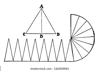 An image that shows the area of the circle with triangles where the line AB is its altitude, vintage line drawing or engraving illustration.