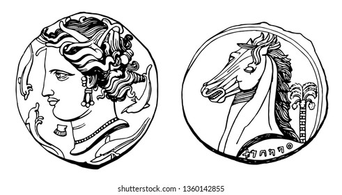 Imagen que muestra ambos lados de una moneda. El frente tiene un busto de emperador y la parte posterior tiene busto de caballo, dibujo de línea vintage o ilustración de grabado.