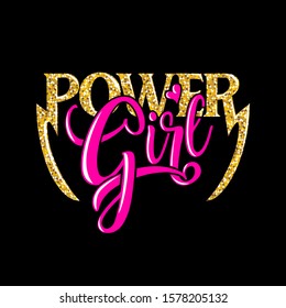 An image that shows a text as a logo that says Power Girl. Mix both glitter and neon pink on a black background.