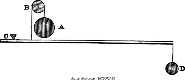 it is an image of third class lever, shows two weighs in the image, both are hanged with string support, showing three different size of image third class lever in it, vintage line drawing