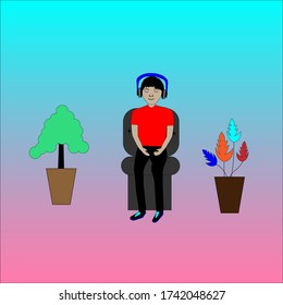 La imagen de este tipo se está relajando escuchando la música en los auriculares, el estilo vectorial de fondo verde.