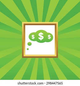 Image of thought bubble with dollar symbol in golden frame, on green abstract background