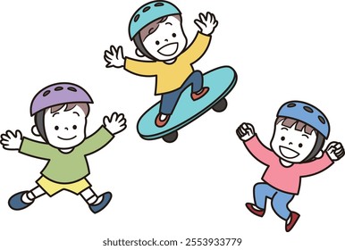 Image of three boys playing on a skateboard