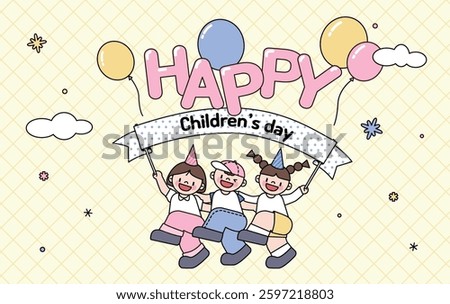 An image of three children holding a banner and enjoying themselves on Children's Day.