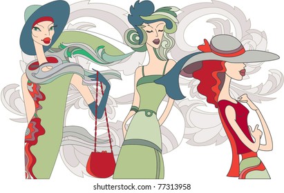 Image of three elegant lady on a vintage background