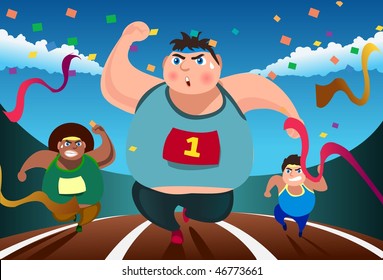 An image of three fat men running in a competition