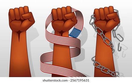 image of three fists pointing upwards, one hand holding the flag and the other hand breaking the chain
