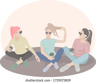 Image of three girlfriends having fun over a cup of coffee. three girls in different clothes laugh and talk, sitting on the floor.
stock isolated illustration on white background for printing 