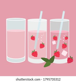 Image of three glasses with a pink cocktail, strawberries, a cocktail tube, ice and mint