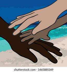 An image of three hands: one child's hand and two adult hands (female & male) with different skin colors (light, swarthy & dark), all nearby and on a background of a sandy beach, a sea and a blue sky