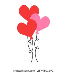 An image of three heart-shaped balloons two red and one pink, with black ribbons. Symbolizing love, Valentine's Day, a holiday, a party or a romantic mood.

