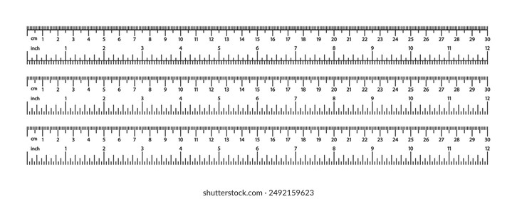 Image Of Three Measuring Rulers Showcasing Both Metric And Imperial Scales. These Rulers Are Aligned Horizontally