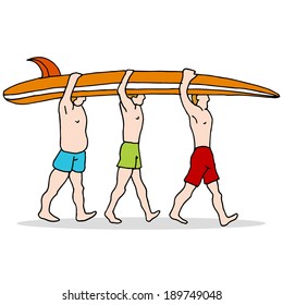 An image of three people carrying a surfboard.