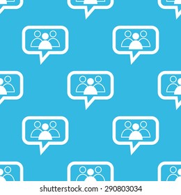 Image of three user icons, one painted, in chat bubble, repeated on blue background