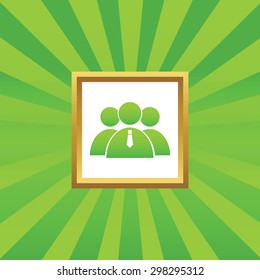 Image of three users group in golden frame, on green abstract background