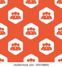 Image of three users group in white hexagon, repeated on orange background