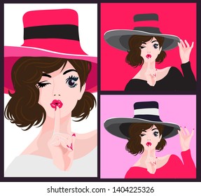 The image of three women wearing a hat showing signs of silence by putting their hands in the mouth in a vector style. And advertising illustrations